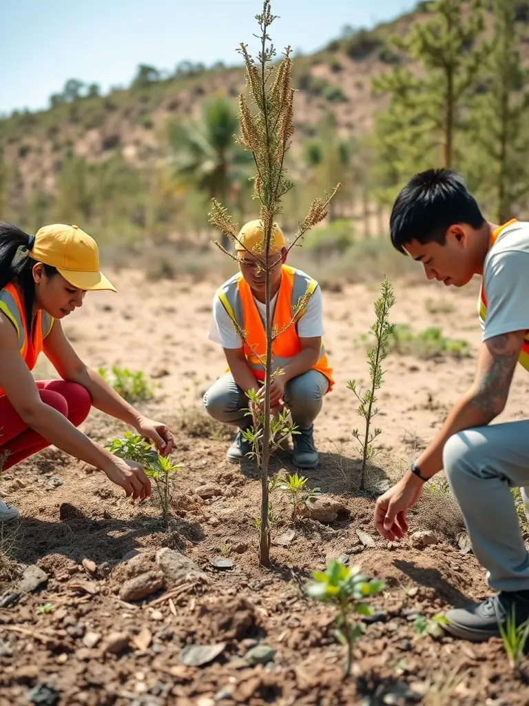 A photograph depicting volunteers planting trees as part of a habitat restoration project in a rural area of Bioussac, showcasing community involvement and environmental stewardship.