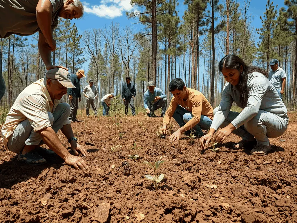 A photograph showcasing a group of volunteers planting trees as part of a habitat restoration project organized by AMICALE DES PROPRIETAIRES ET CHASSEURS DE BIOUSSAC. The image should convey a sense of community involvement and environmental stewardship.