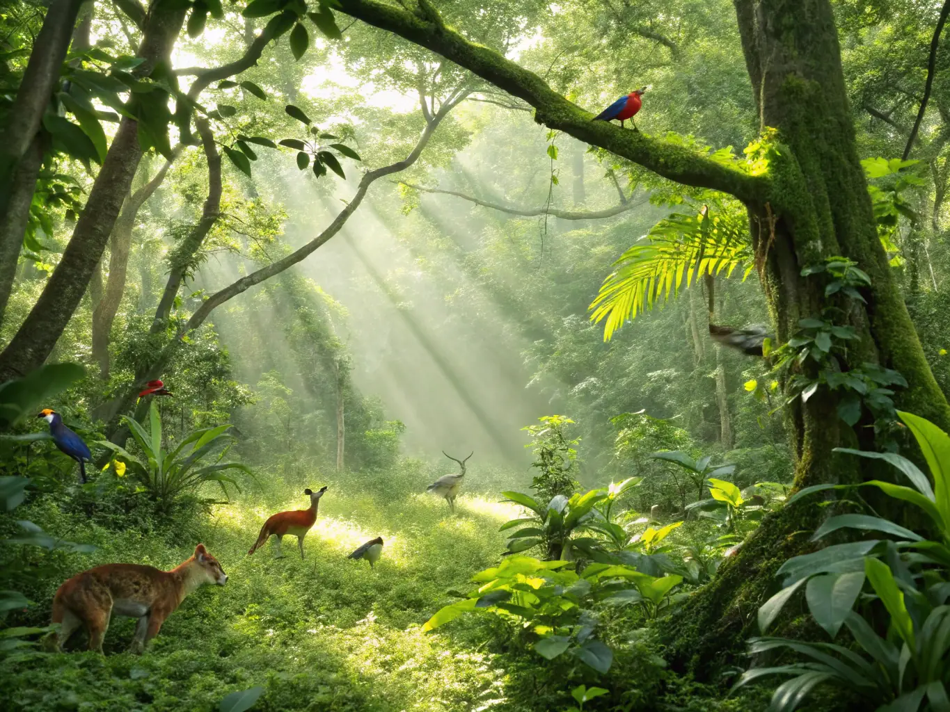 A lush forest scene with diverse wildlife, representing habitat restoration efforts by AMICALE DES PROPRIETAIRES ET CHASSEURS DE BIOUSSAC.