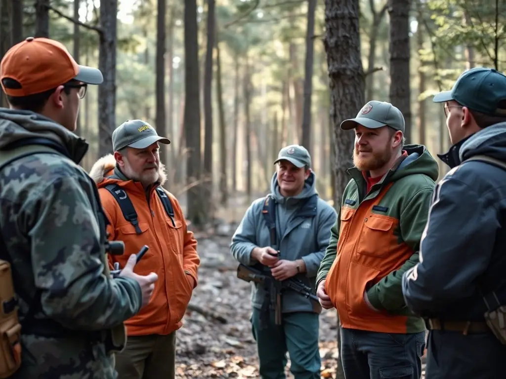 An image depicting a group of hunters participating in a training session on sustainable hunting practices, highlighting the organization's commitment to responsible resource management.