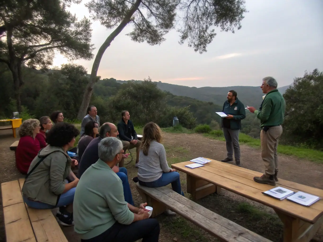 A photograph showing members of AMICALE DES PROPRIETAIRES ET CHASSEURS DE BIOUSSAC conducting an educational workshop for local children on the importance of wildlife conservation.