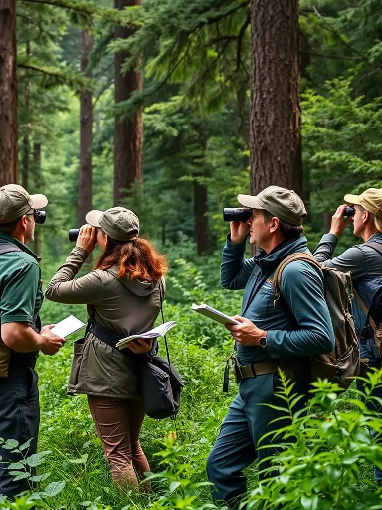 A photograph showing a wildlife monitoring team using binoculars and GPS devices to track animal populations in the Bioussac region, emphasizing scientific data collection.
