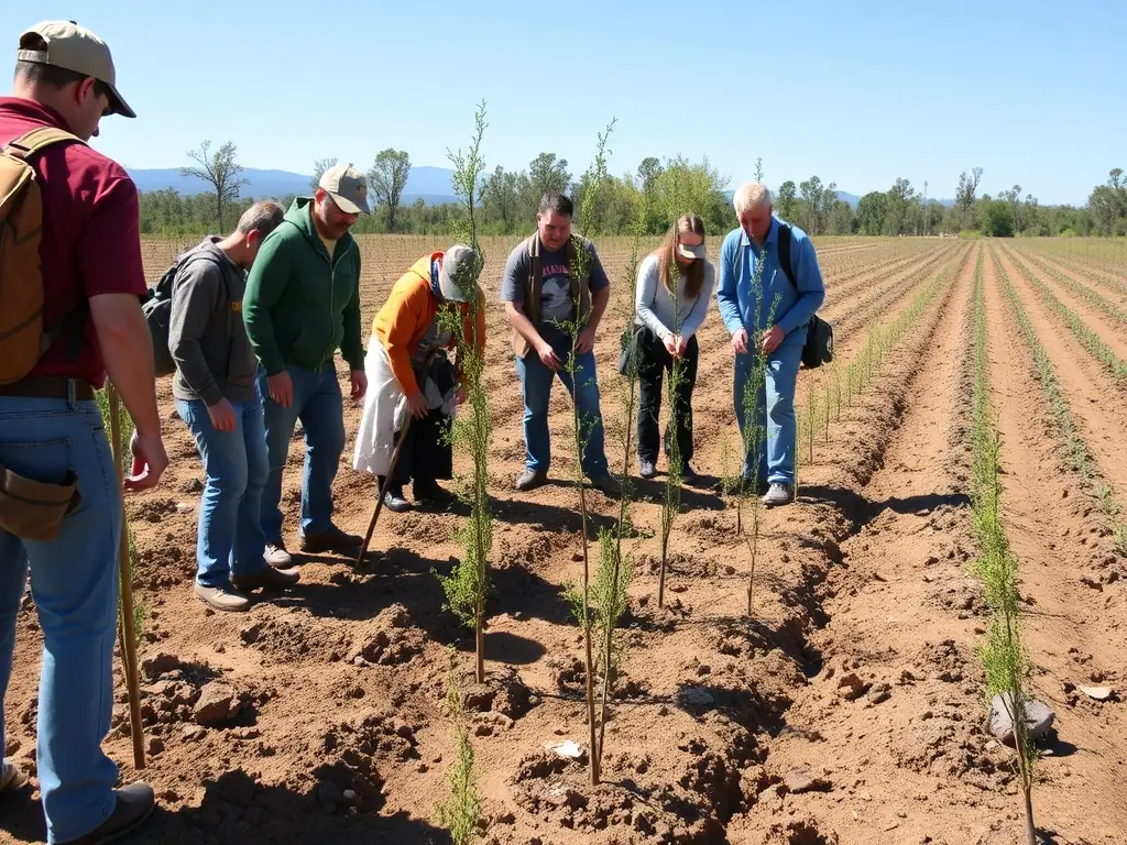 A photograph depicting volunteers planting trees in a deforested area, symbolizing habitat restoration efforts by AMICALE DES PROPRIETAIRES ET CHASSEURS DE BIOUSSAC.
