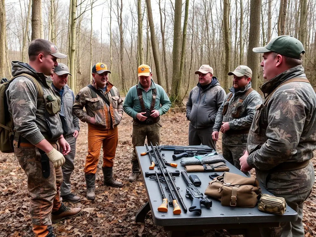 A photograph showing a group of hunters participating in a workshop on responsible hunting practices, organized by AMICALE DES PROPRIETAIRES ET CHASSEURS DE BIOUSSAC.