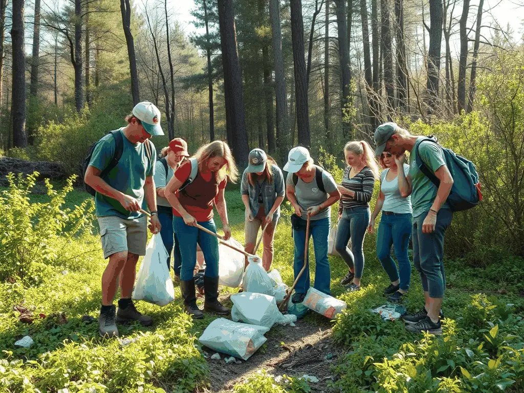 A group of volunteers participating in a cleanup effort in a rural area, highlighting the community involvement promoted by AMICALE DES PROPRIETAIRES ET CHASSEURS DE BIOUSSAC.