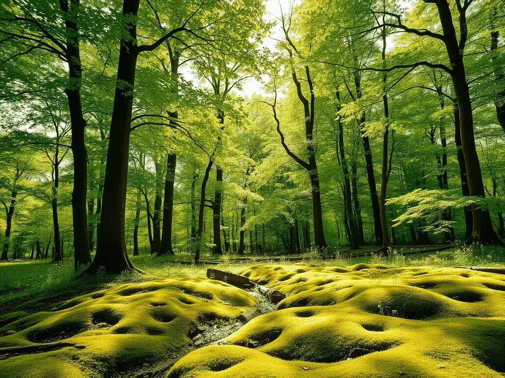 A serene landscape featuring a managed forest area with diverse tree species and clear signage indicating sustainable forestry practices, emphasizing the organization's commitment to habitat improvement.