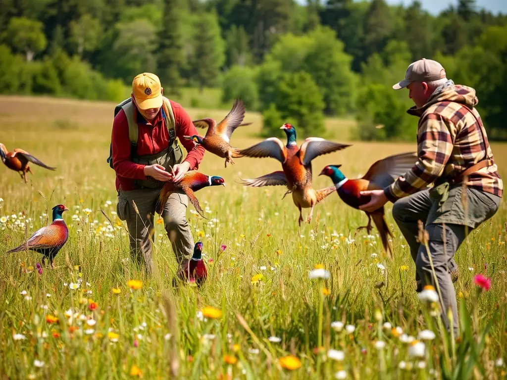 A photograph of a wildlife conservation team releasing a group of bred pheasants into a protected area, showcasing the organization's active involvement in wildlife protection and breeding programs.