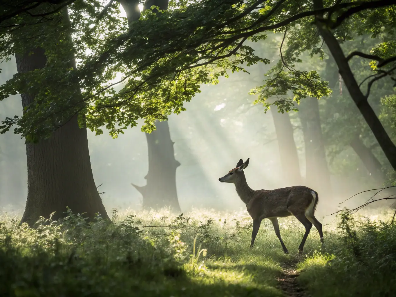 A photograph depicting a healthy deer population in a well-managed forest area, illustrating the success of AMICALE DES PROPRIETAIRES ET CHASSEURS DE BIOUSSAC's wildlife protection efforts.