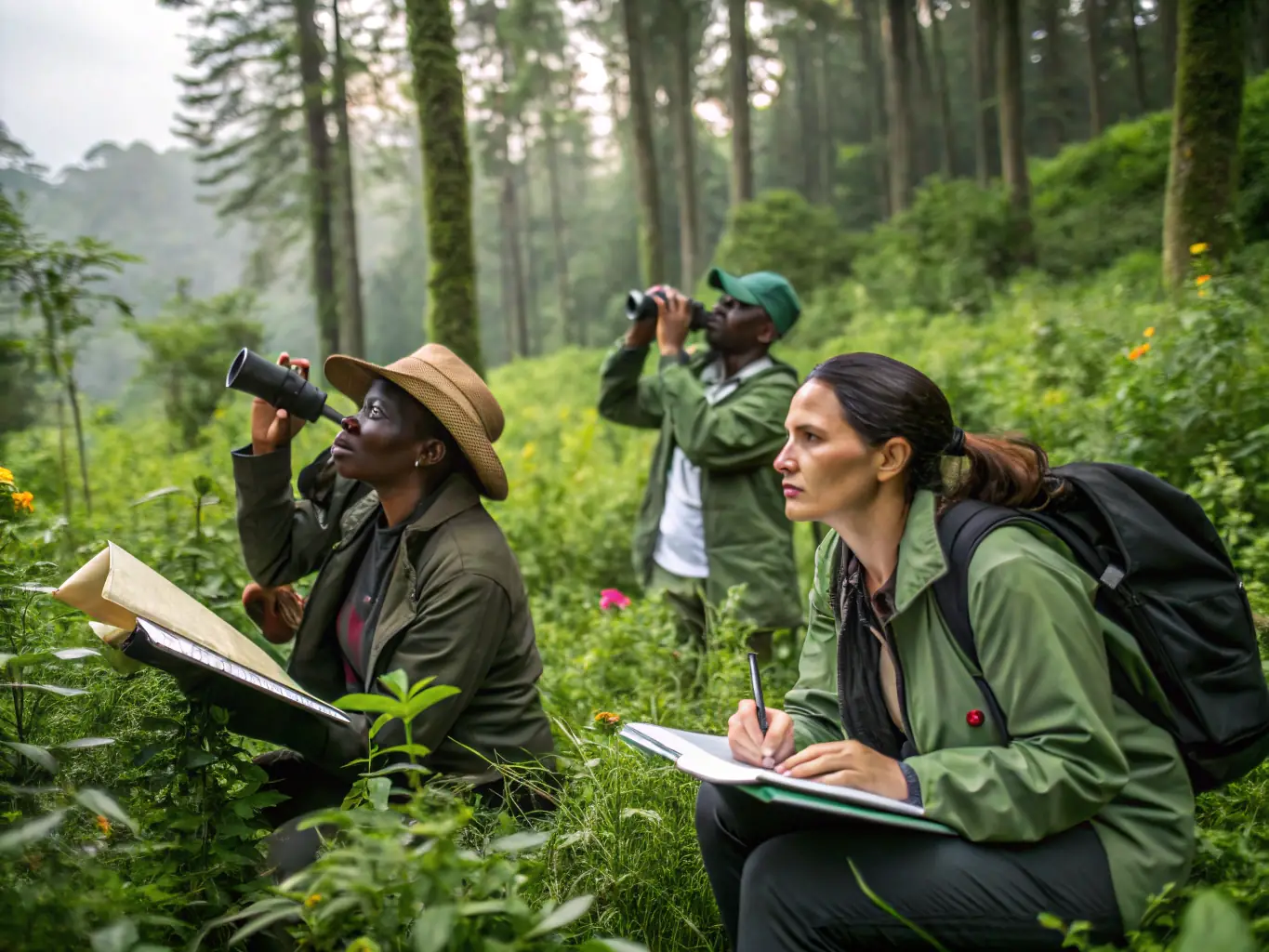 A photograph of a wildlife monitoring team collecting data in a natural reserve, showcasing the scientific approach to conservation by AMICALE DES PROPRIETAIRES ET CHASSEURS DE BIOUSSAC.