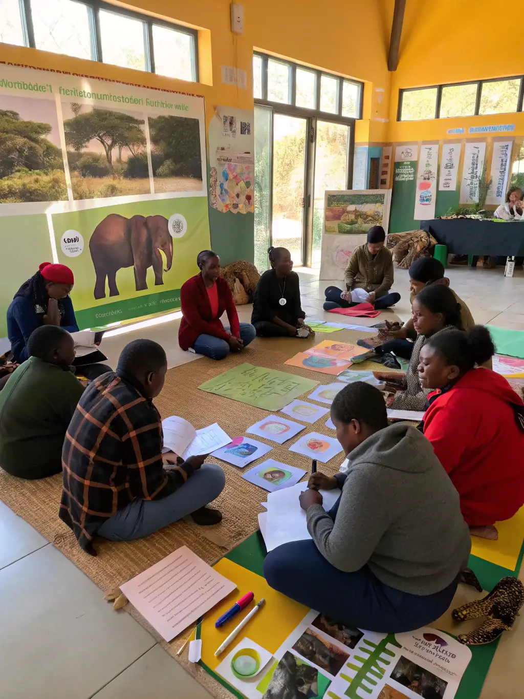 A photograph of a community workshop on preventing poaching, featuring educational materials and active participation from local residents, highlighting community engagement.